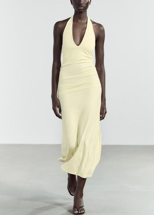 Light V Neck Fit Slim Dress Cotton Long Backless Yellow