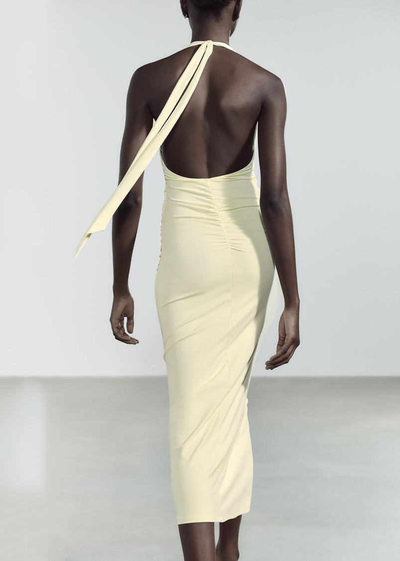 Light V Neck Fit Slim Dress Cotton Long Backless Yellow