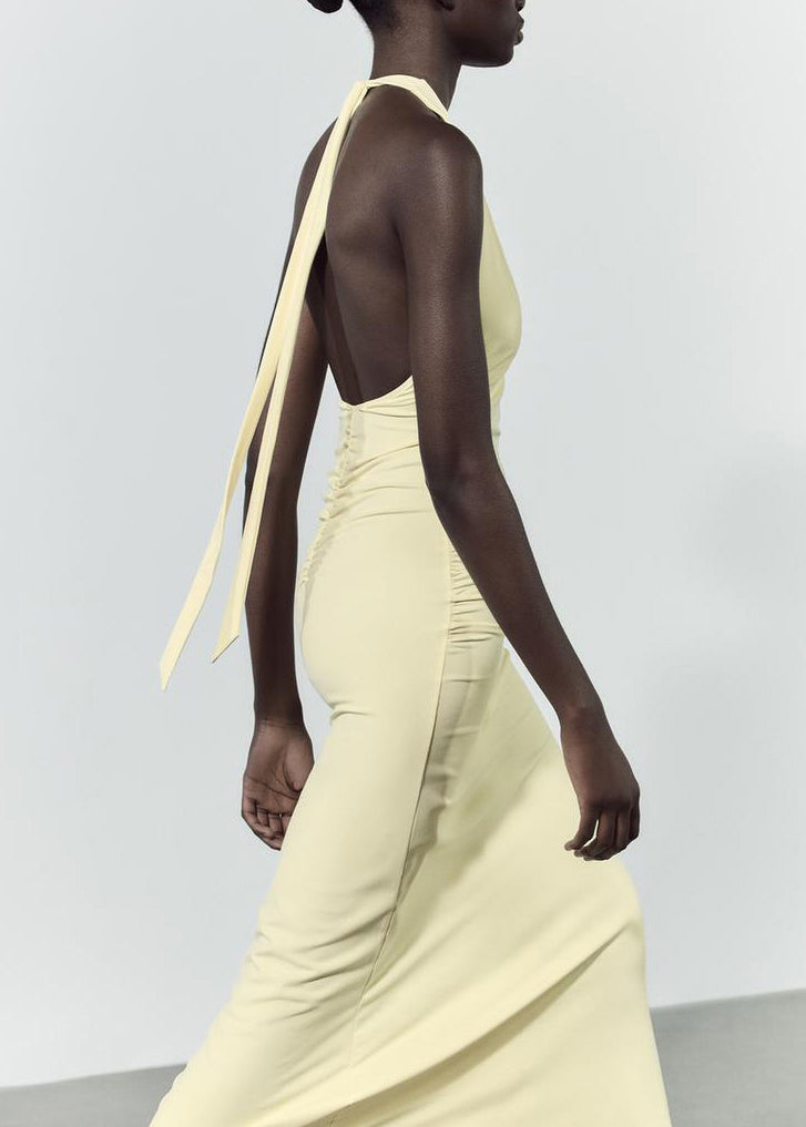 Light V Neck Fit Slim Dress Cotton Long Backless Yellow