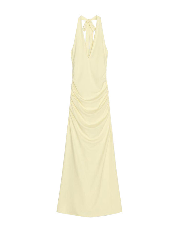 Light V Neck Fit Slim Dress Cotton Long Backless Yellow