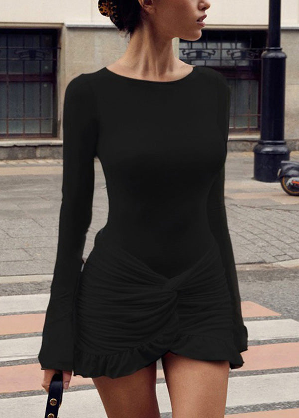 White Mid Wrinkled O-Neck Cotton Slim Fall Dress Fit Patchwork