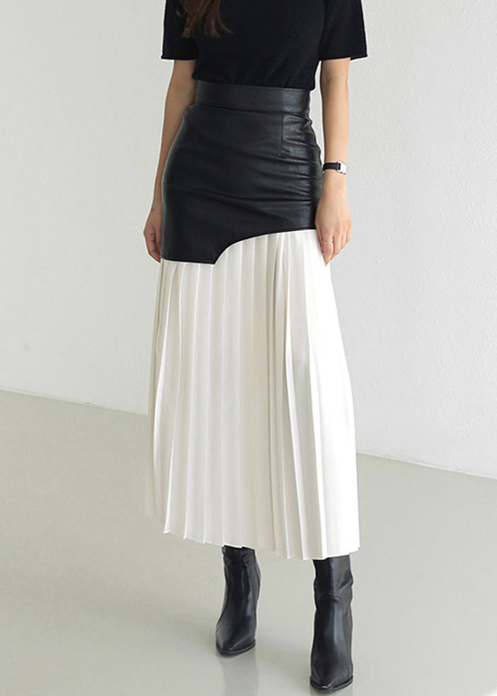 Wrinkled Faux Leather High Patchwork Waist Fit Skirt White Slim