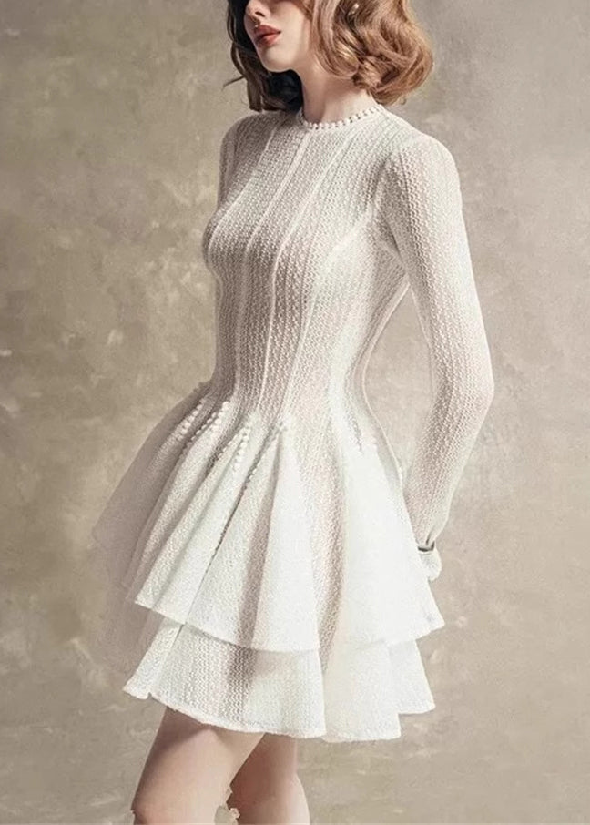 Zippered High Slim Waist Dress Lace Fall Fit White Mid