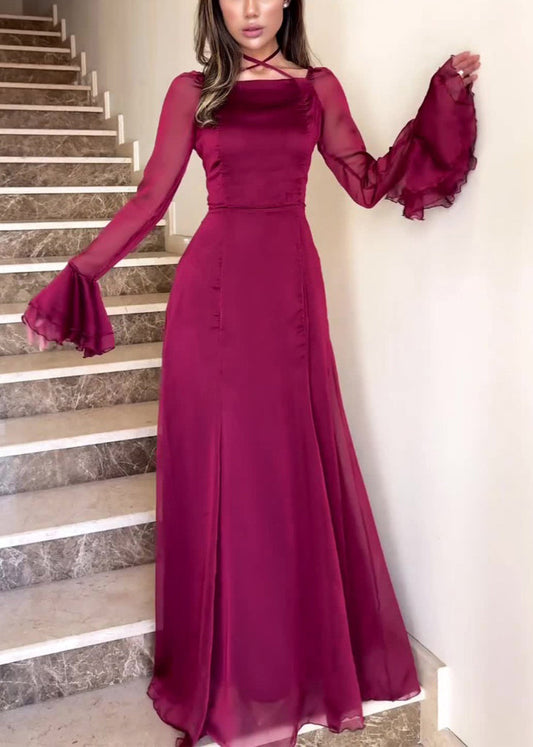 Robe en mousseline de soie unie à col carré et manches évasées, coupe ajustée, rouge vin QL015