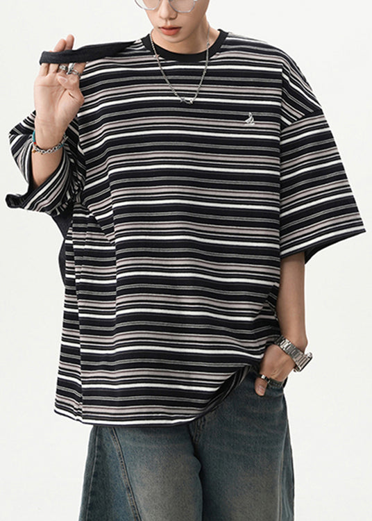 Cotton T Black Shirts Mens O Striped Cozy Summer Neck