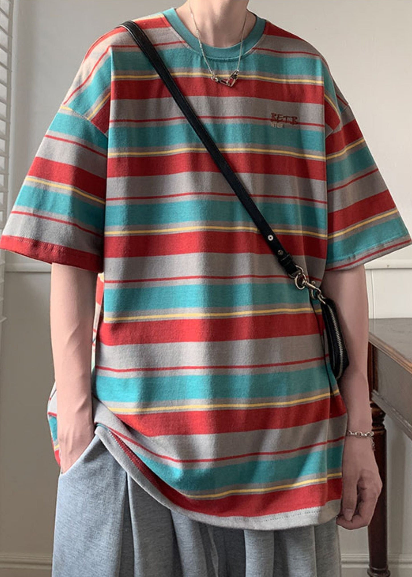 Half Sleeve Patchwork Shirts Cotton T Men O Red Striped Neck