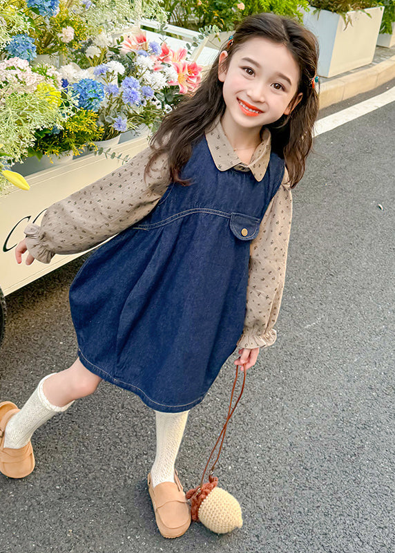 Style Denim Blue Print Patchwork Kids Long Dresses Lantern Sleeve TV032