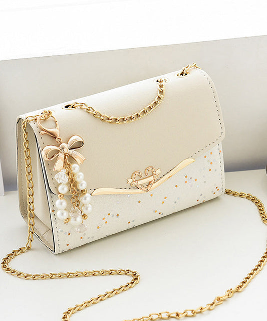 Flap Chain Stylish Faux Linked Beige Leather Bag