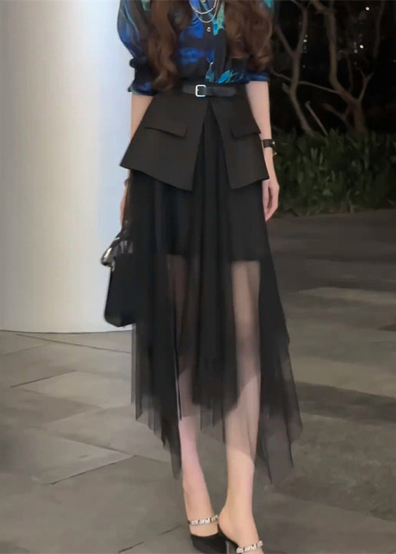 Black Tulle Stylish High Patchwork Skirt Waist Summer