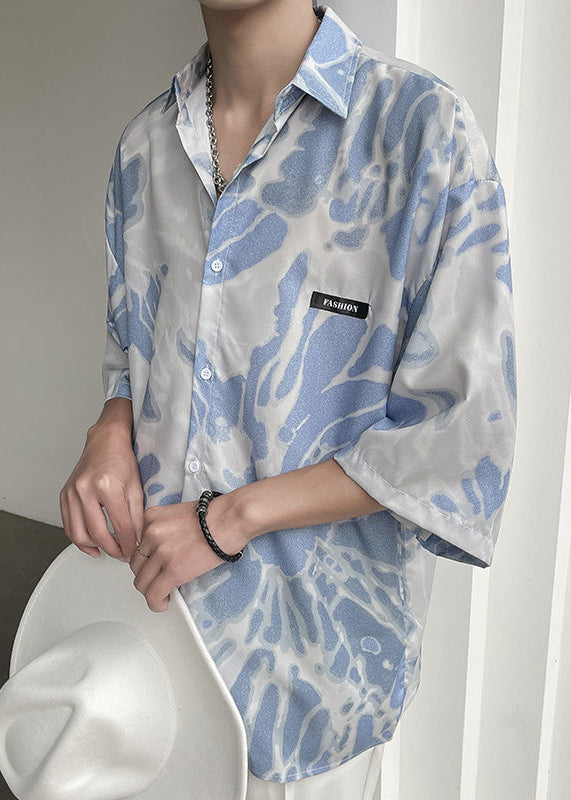 Chemises pour hommes élégantes à col Peter Pan bleu avec boutons et teinture par nouage pour l'été HG012