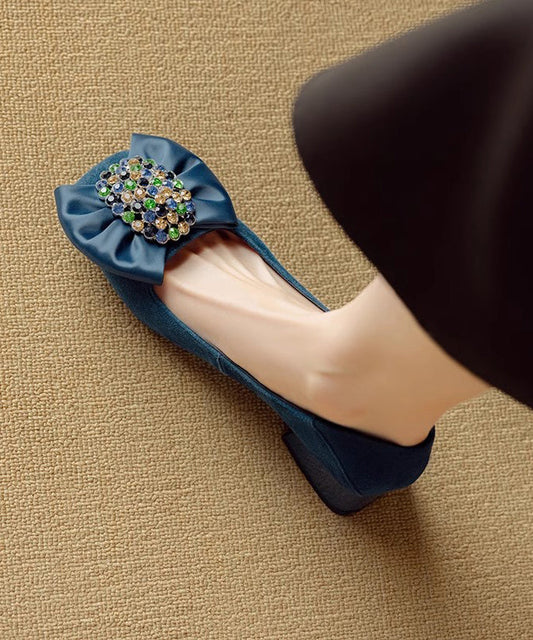 Zircon Penny Blue Stylish Bow Chunky Suede Splicing Loafers