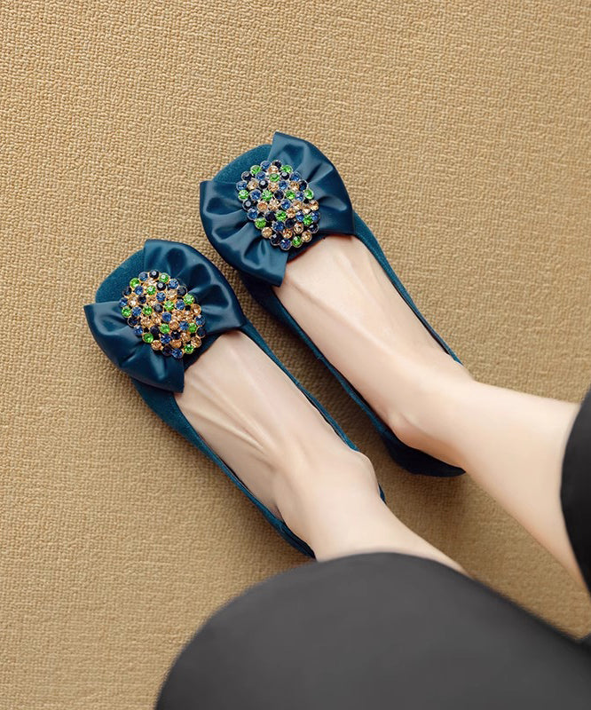 Zircon Penny Blue Stylish Bow Chunky Suede Splicing Loafers