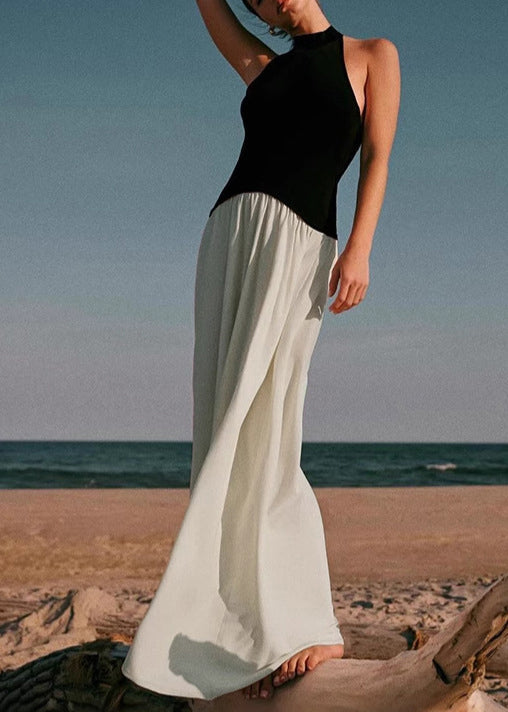 Stylish Sleeveless Backless Dress Cotton Colorblock Long