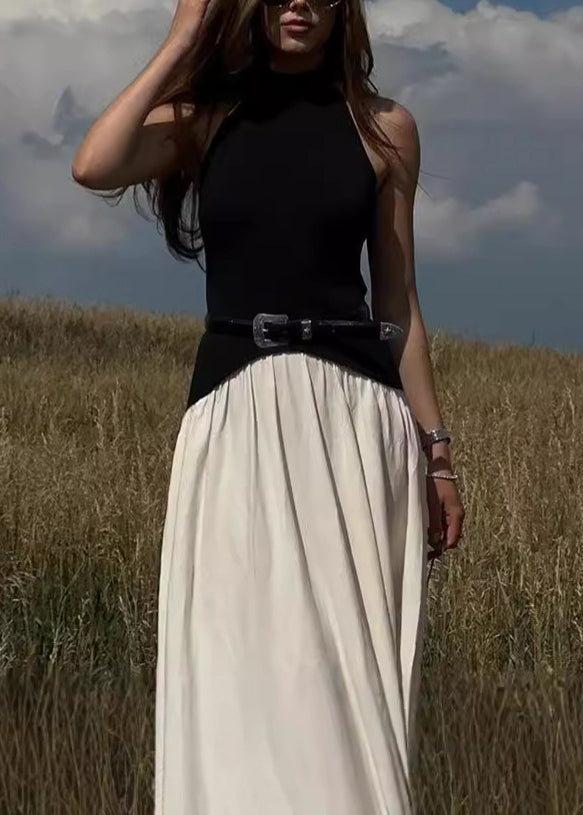 Stylish Sleeveless Backless Dress Cotton Colorblock Long