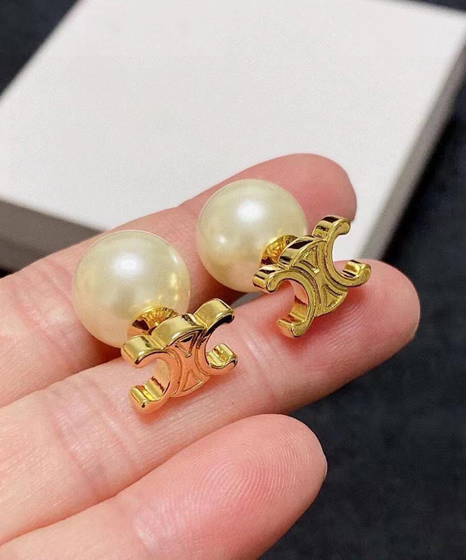 Stud Earrings Pearl Copper Gold Stylish Alloy
