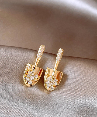 Gold Copper Small Overgild Stylish Zircon Shovel Earrings Stud