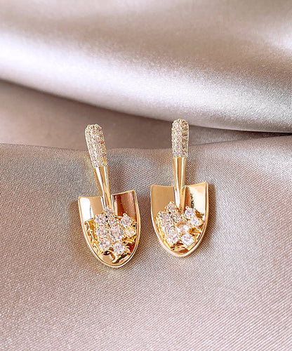 Gold Copper Small Overgild Stylish Zircon Shovel Earrings Stud