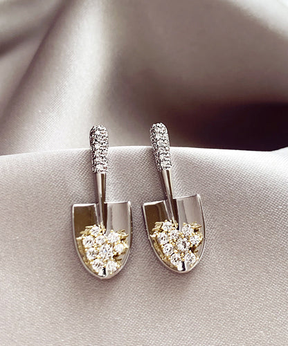 Gold Copper Small Overgild Stylish Zircon Shovel Earrings Stud
