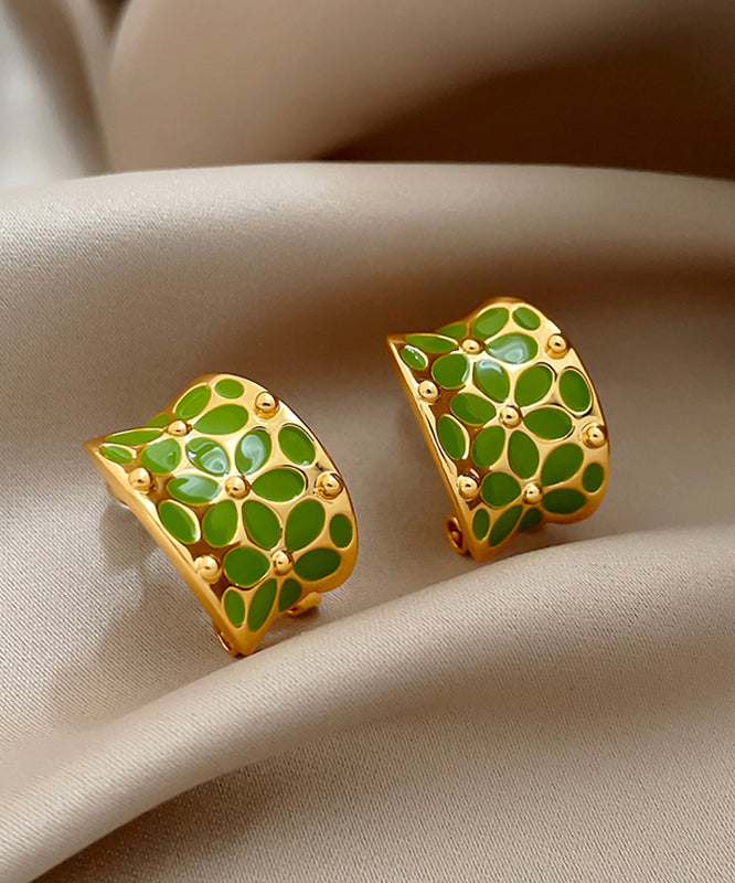 Stylish Floral Copper Hoop Earrings C-Shaped Green