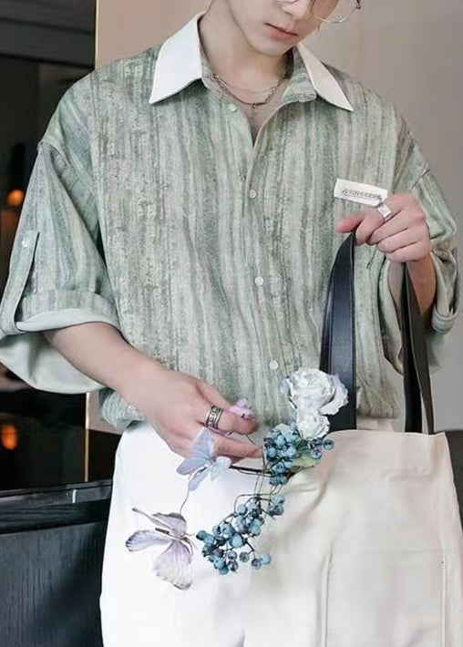 Men Button Striped Stylish Cotton Patchwork Green Shirts Light