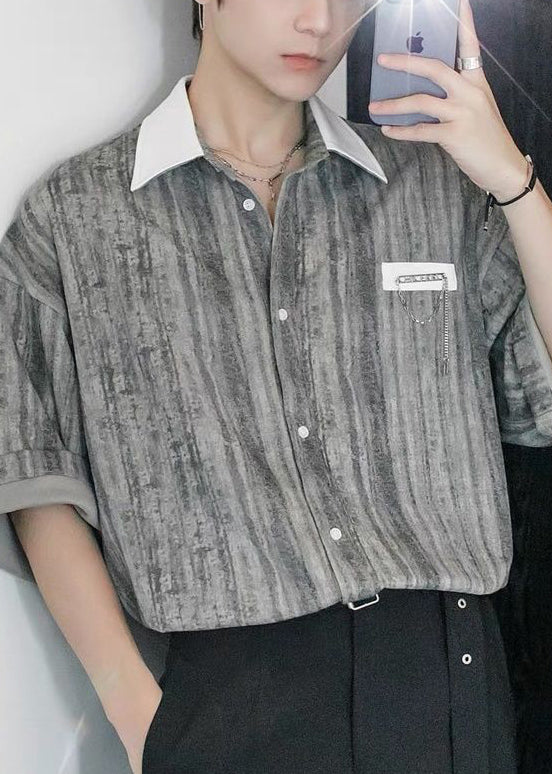 Men Button Striped Stylish Cotton Patchwork Green Shirts Light