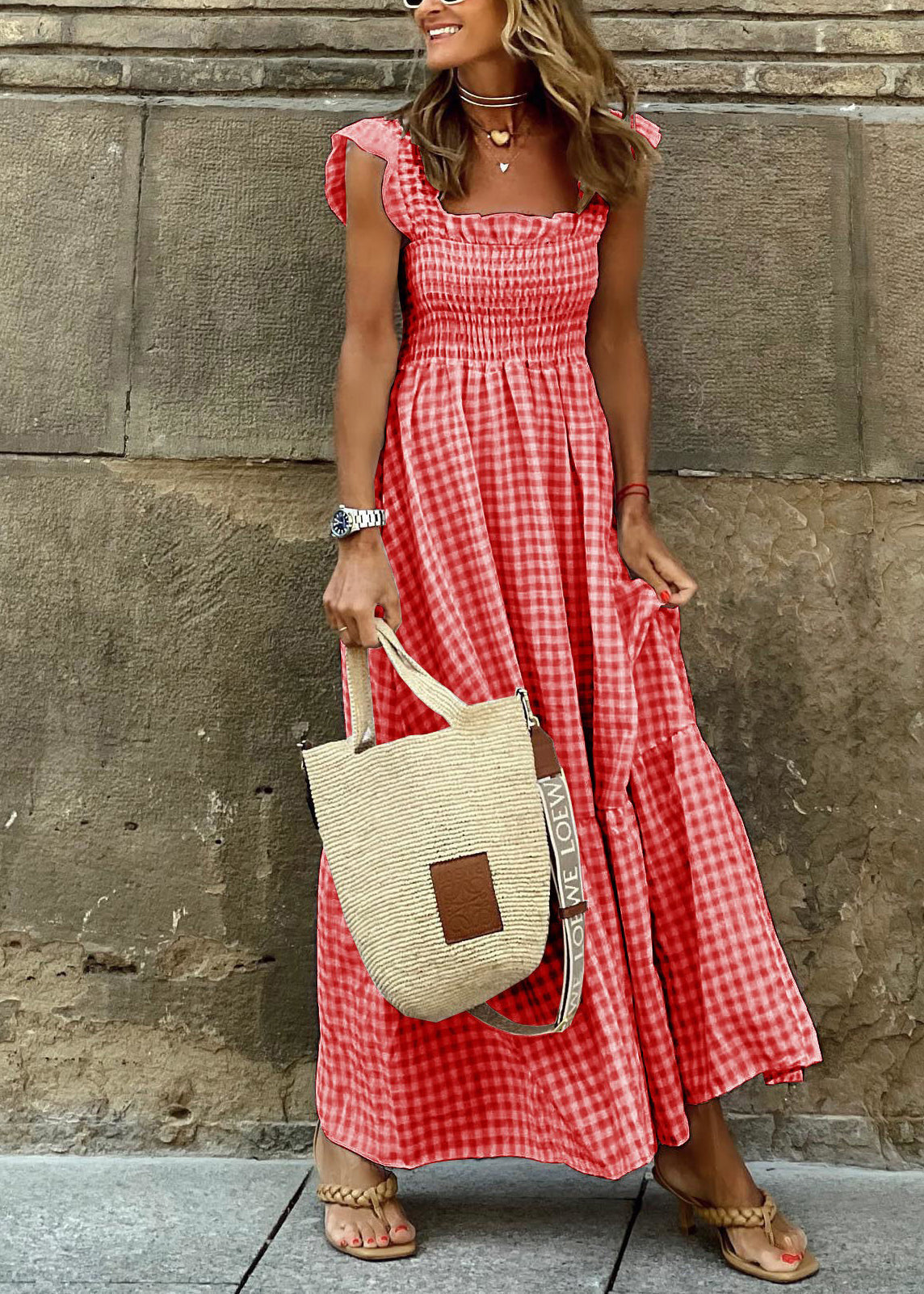 Stylish Red Plaid Cotton Robe Dresses Sleeveless TL007