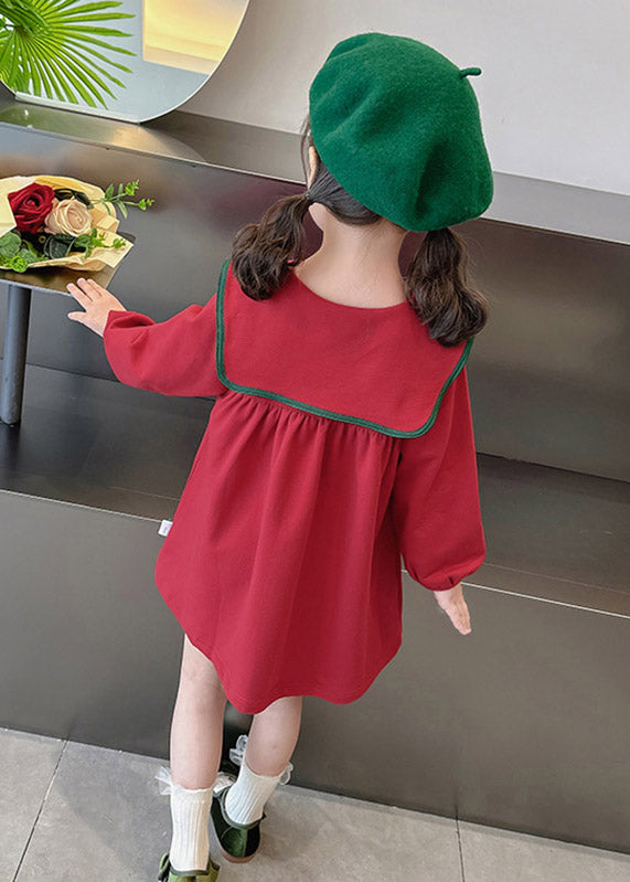 Stylish Red Sailor Collar Patchwork Kids Maxi Dress Spring YE023