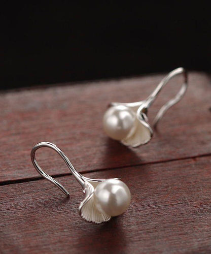 Stylish Leaves Earrings Silk Sterling Silver Stud Ginkgo Pearl