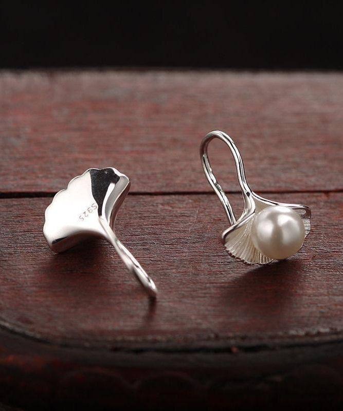 Stylish Leaves Earrings Silk Sterling Silver Stud Ginkgo Pearl