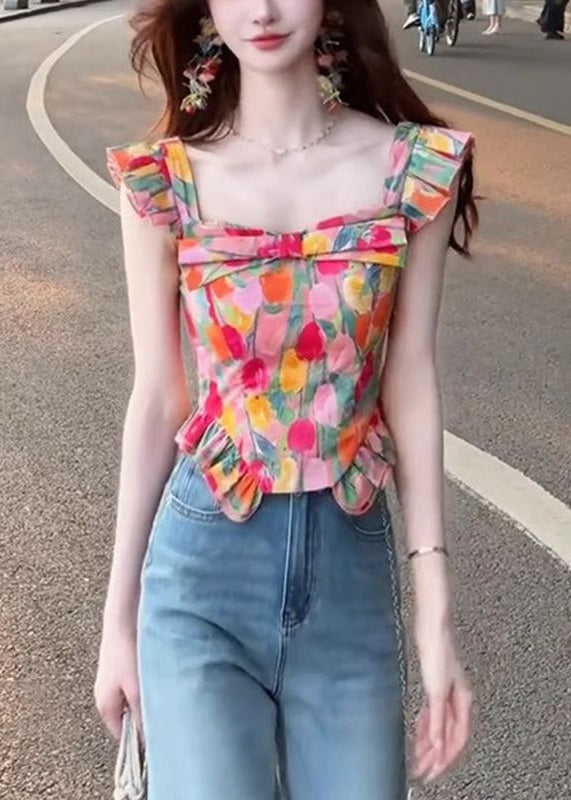 Square Summer Collar Stylish Tops Cotton Print