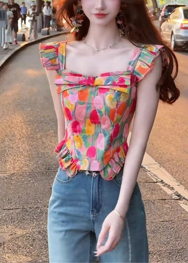 Square Summer Collar Stylish Tops Cotton Print