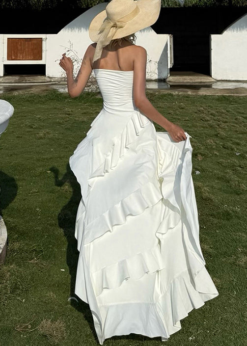 Design Sleeveless Asymmetrical Ruffled Cotton Dress White Stylish