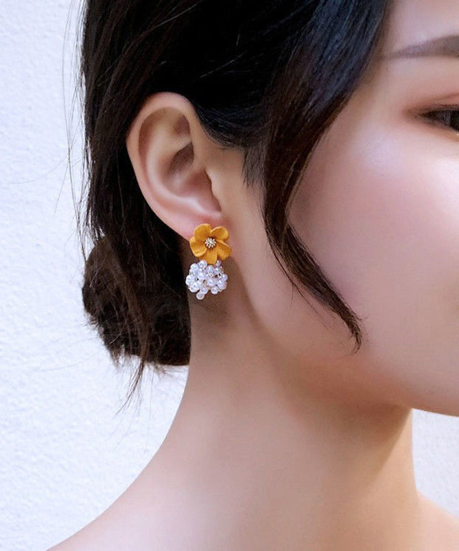 Tassel Earrings Pearl Floral Yellow Alloy Drop Stylish