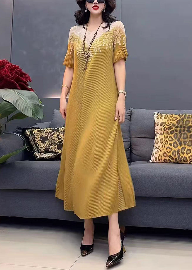 Yellow Cotton O-Neck Dress Stylish Print Summer Long