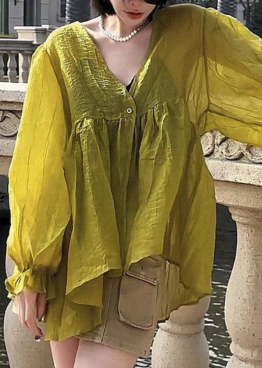 Stylish Yellow V Neck Patchwork Silk Cotton Shirt Lantern Sleeve BV036
