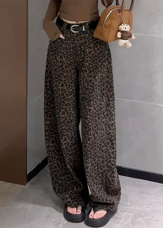 Leg Leopard Pockets Denim Fall High Unique Pants Waist Wide