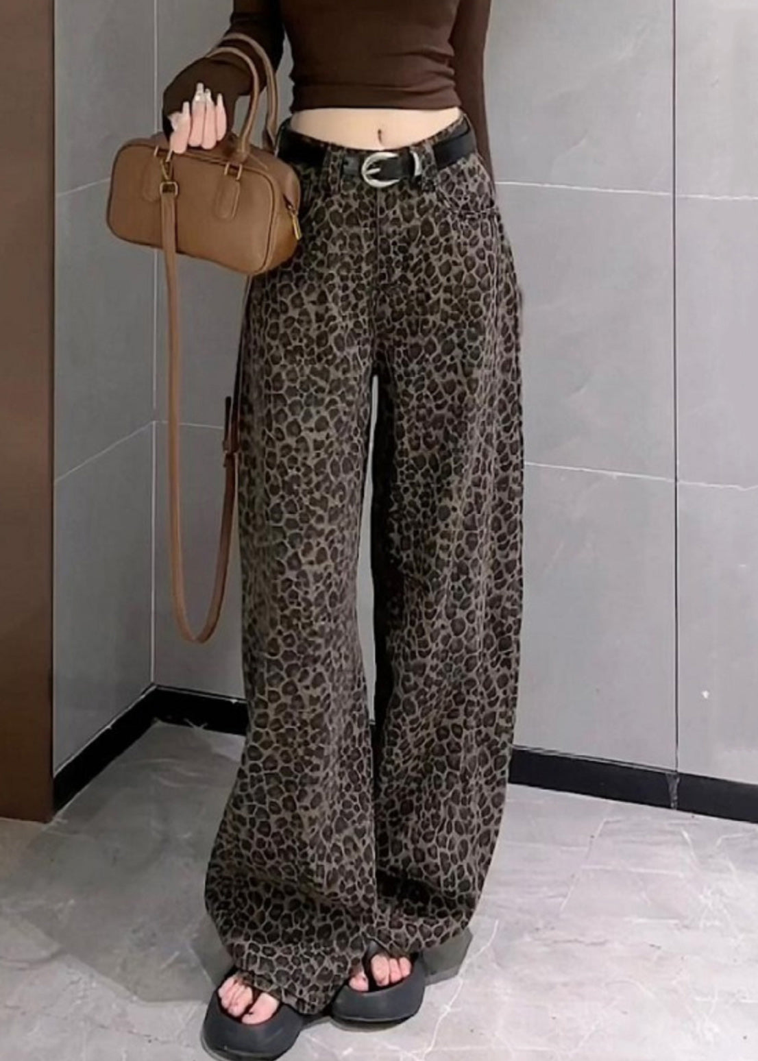 Leg Leopard Pockets Denim Fall High Unique Pants Waist Wide