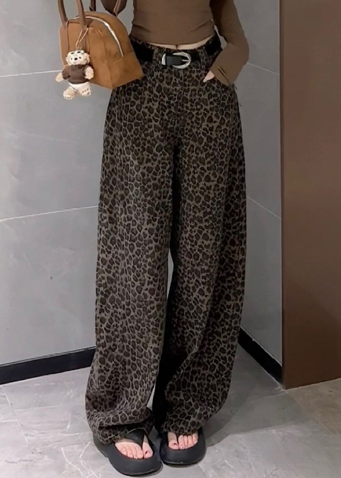 Leg Leopard Pockets Denim Fall High Unique Pants Waist Wide