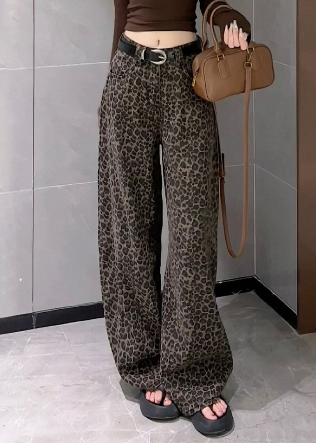 Leg Leopard Pockets Denim Fall High Unique Pants Waist Wide