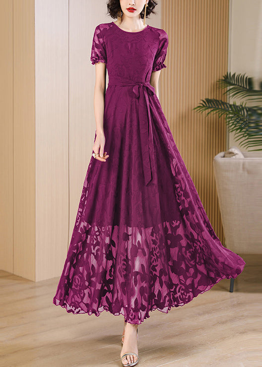 Summer Unique Red Print Dress Neck Up O Lace Chiffon