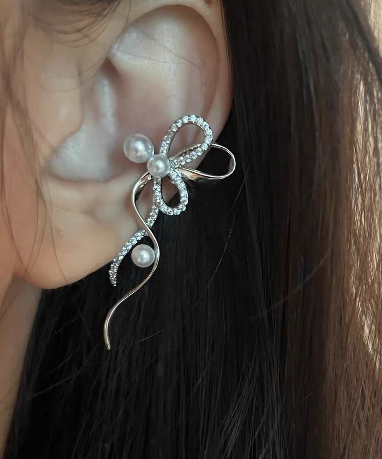 Stud Zircon Ribbon Bow Earrings Silk Unique Metal Pearl
