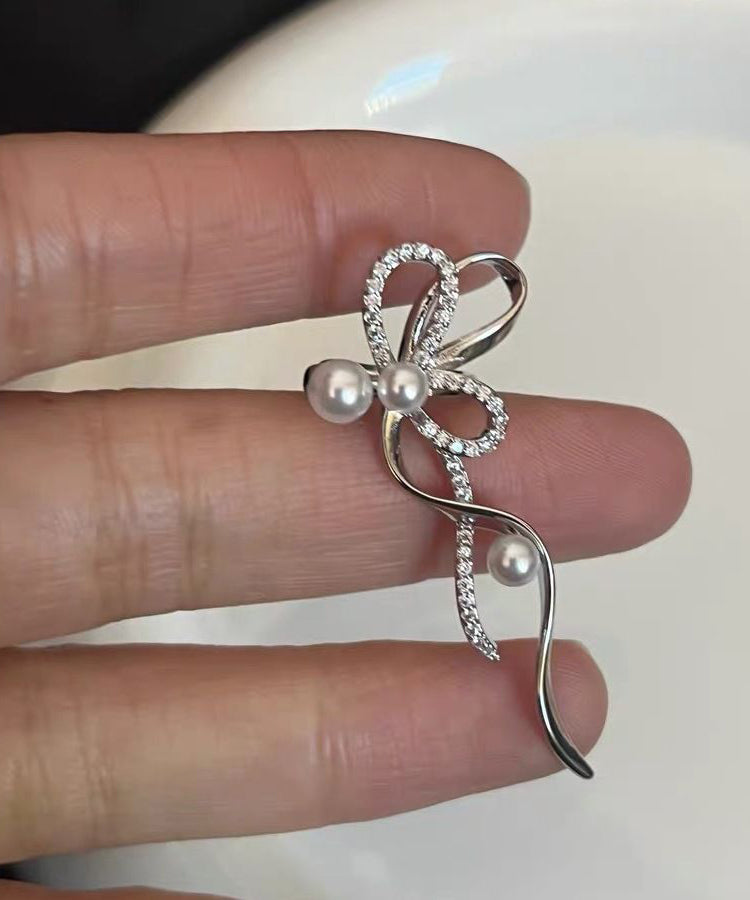 Stud Zircon Ribbon Bow Earrings Silk Unique Metal Pearl