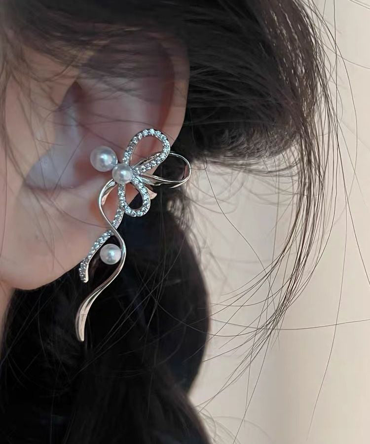 Stud Zircon Ribbon Bow Earrings Silk Unique Metal Pearl