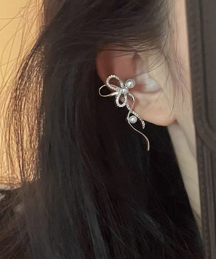 Stud Zircon Ribbon Bow Earrings Silk Unique Metal Pearl