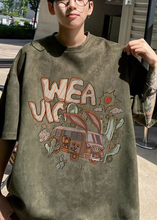 Green Vintage Shirt Faux Half Neck O Men T Army Suede Print