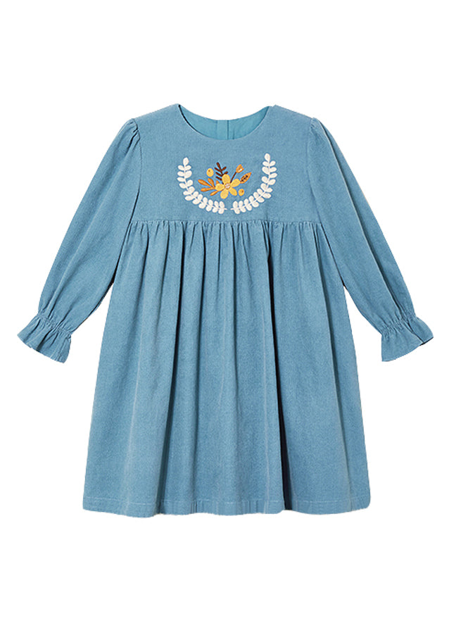 Vintage Blue O-Neck Print Girls Mid Dress Puff Sleeve YE020