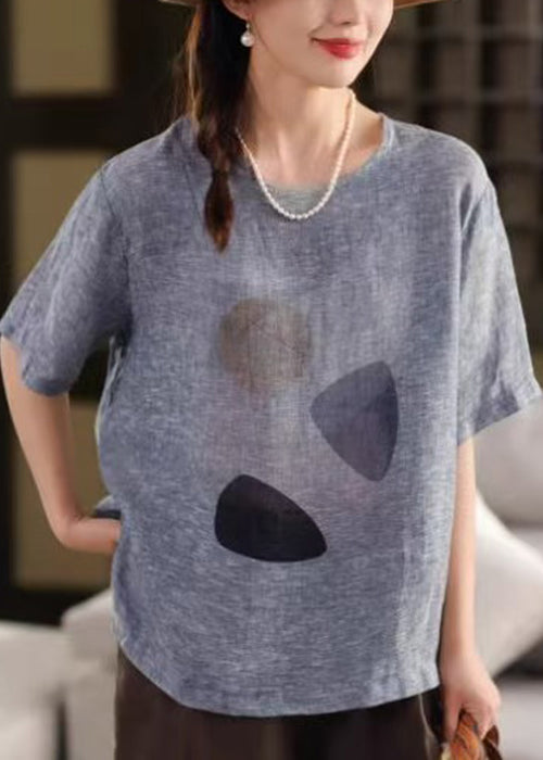 O Neck Print Summer Linen Shirts Vintage T Blue