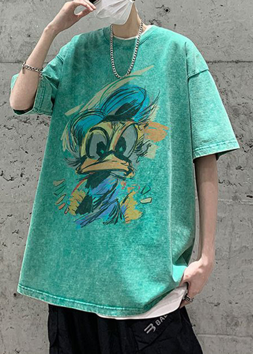 Green Neck Print Summer Shirt Mens Cotton T Vintage O
