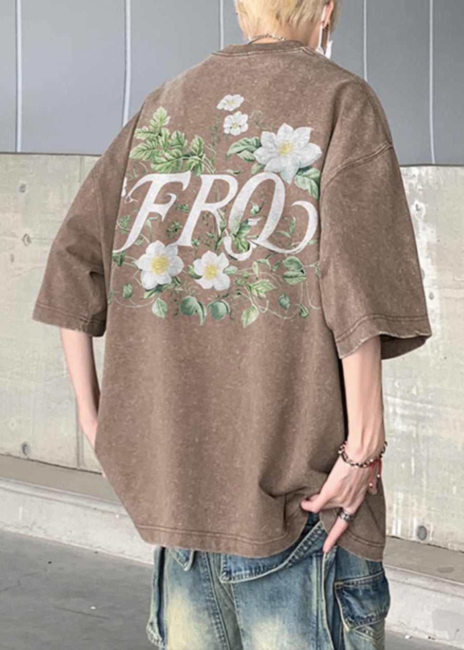 Khaki Cotton Half T Men Cozy Vintage Sleeve Print Shirts