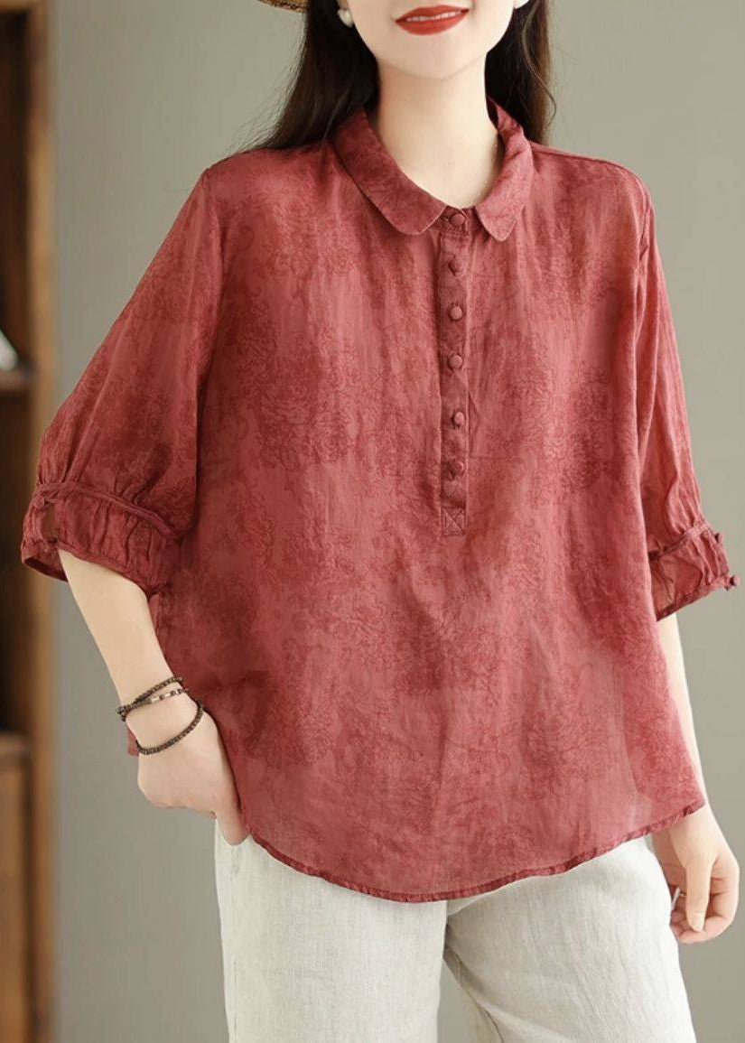 Top Shirt Print Pan Navy Cotton Collar Vintage Summer Peter